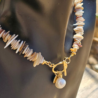 Organic Mother of Pearl (Warm Tone Organic) Toggle Necklace with Baroque Pearl Dangle