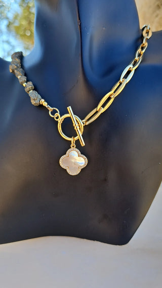 Pyrite, Half Round~Half Gold Filled Chain Toggle Necklace with Floral Mother of Pearl Charm