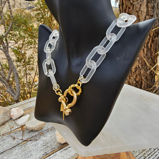 Shackle Clasp  with Spike in Clear Frosted Resin chain _ 18 K Gold Filled