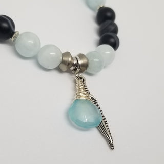 Aquamarine & Black Striped Agate (8mm) with Chalcedony Briolette & Feather Charm