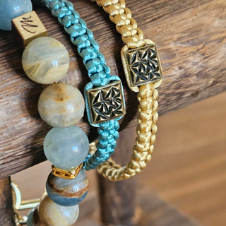 Zen Weave Satin Macrame Boho Braided Bracelet in Teal - Matt Gold Peak Pulse Charm