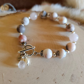 Pink Zebra Jasper Silver Toggle Bracelet with Rose Quartz Dangle