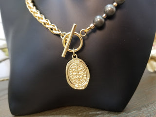 Pyrite, Half Round~Half Gold Filled Chain Toggle Necklace with Coin Eye Protection Charm