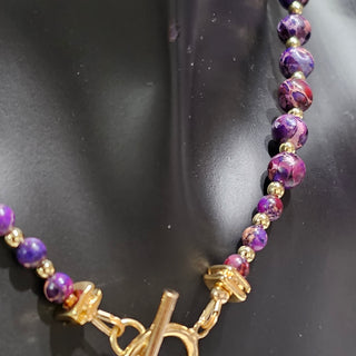 Purple Imperial Jasper 18K Gold Filled Toggle Necklace with Guiding Star Charm and Amethyst Dangles