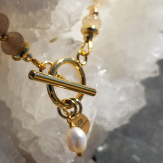 Rutile Quartz (Golden) Gold Filled Toggle Bracelet with Pearl Dangle