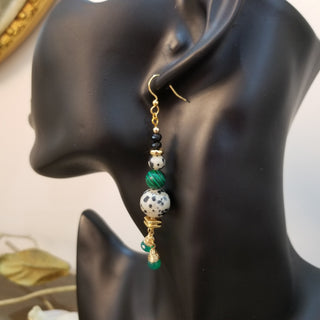 Malachite, Tibetan & Dalmation with Green Onyx Dangles - Necklace, Bracelet and Earring Set