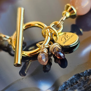 Garnet & Peach Moonstone 18K Gold Filled Toggle Clasp Bracelet with Superb Andalusite Briolette Dangles