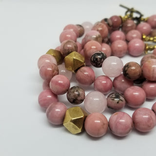 Rhodonite wiyh Rose Quartz (10mm) Antiqued Gold Toggle Bracelet