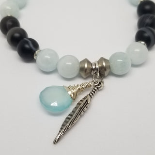 Aquamarine & Black Striped Agate (8mm) with Chalcedony Briolette & Feather Charm