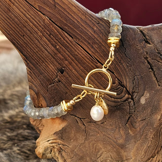 Labradorite (Grade AAA Faceted Donut) 18K Gold Filled Toggle Bracelet with Pearl Dangle