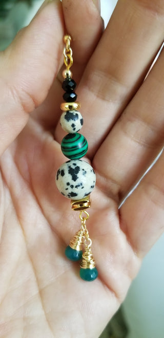 Malachite, Tibetan & Dalmation with Green Onyx Dangles - Necklace, Bracelet and Earring Set