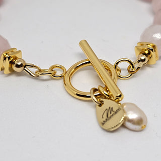 Rose Quartz (Faceted) 18K Gold Filled Toggle Bracelet with Pearl Dangle