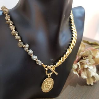 Pyrite Rough - Half Pyrite~Half 18k Gold Plated Chain Toggle Clasp Necklace with Protective Coin Charm