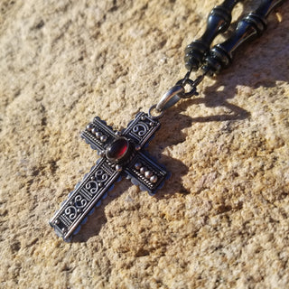 Hematite Necklace with Garnet Sterling Silver Cross [Sold]