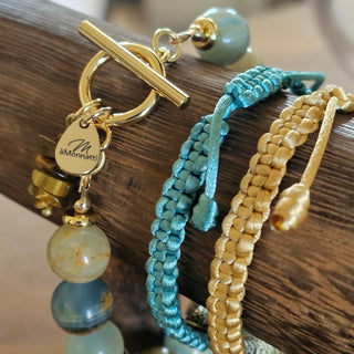 Zen Weave Satin Macrame Boho Braided Bracelet in Teal - Matt Gold Peak Pulse Charm