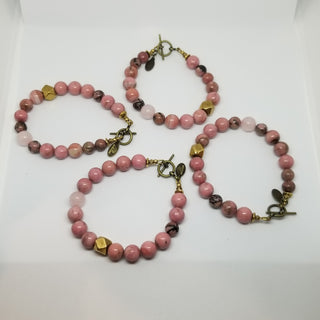 Rhodonite wiyh Rose Quartz (10mm) Antiqued Gold Toggle Bracelet