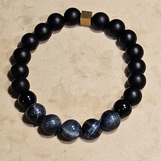 Blue Hawk Eye And Onyx (10mm) Logo Bracelet