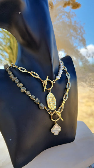 Pyrite, Half Round~Half Gold Filled Chain Toggle Necklace with Floral Mother of Pearl Charm