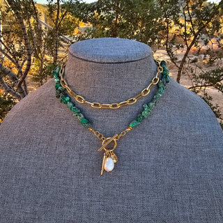 Green Forest Jasper (Rough) 10k Gold Filled Necklace with Spike and Pearl Dangle