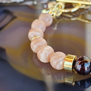 Garnet & Peach Moonstone 18K Gold Filled Toggle Clasp Bracelet with Superb Andalusite Briolette Dangles