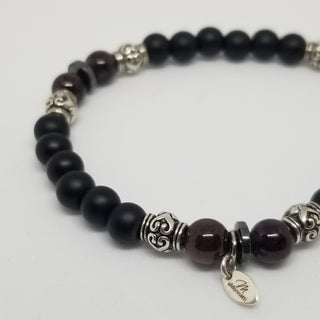 Garnet, Black Onyx & Hematite (6mm) Silver Bracelet