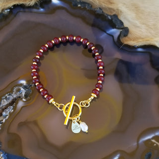 Garnet Gold Filled Toggle Bracelet with Pearl Dangle