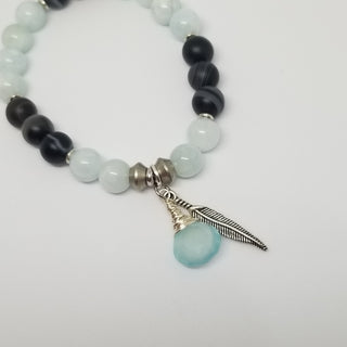 Aquamarine & Black Striped Agate (8mm) with Chalcedony Briolette & Feather Charm