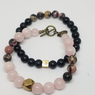 Rose Quartz and Rhodonite (10mm) Hexi Antiqued Gold Toggle Bracelet