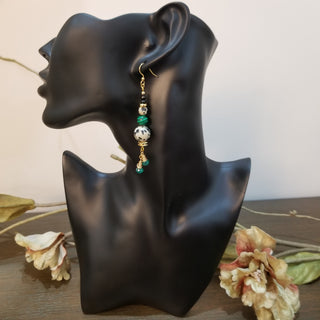 Malachite, Tibetan & Dalmation Earrings with Green Onyx Dangles