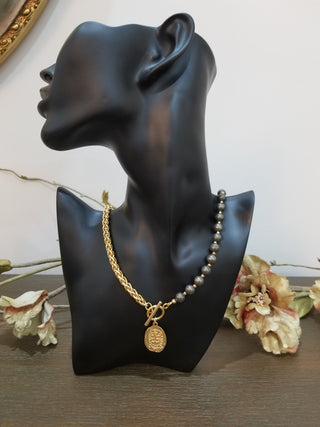 Pyrite, Half Round~Half Gold Filled Chain Toggle Necklace with Coin Eye Protection Charm