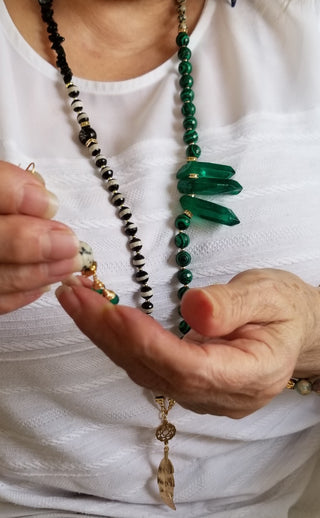 Malachite, Tibetan & Dalmation with Green Onyx Dangles - Necklace, Bracelet and Earring Set