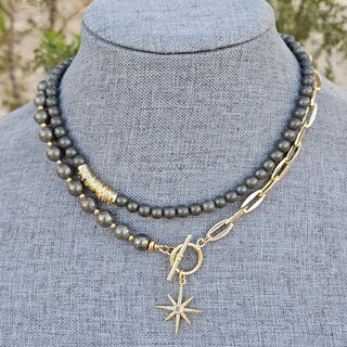 Pyrite, Half Round~Half Gold Filled Chain Toggle Necklace with Guiding Star