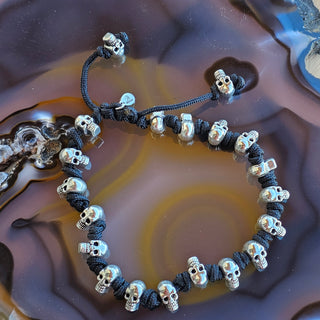 Skull Braided Bracelet - Silver with Black Thread