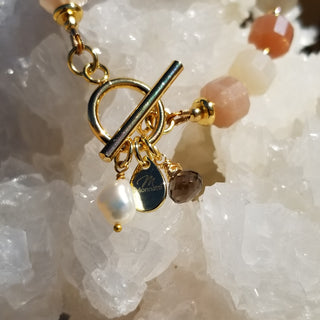 Peach Snstone (Faceted Cylinder) 18K Gold Filled Toggle Bracelet with Smoky Quartz and Pearl Dangles