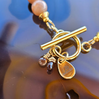 Garnet & Peach Moonstone 18K Gold Filled Toggle Clasp Bracelet with Superb Andalusite Briolette Dangles