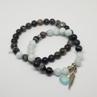 Aquamarine & Black Striped Agate (8mm) with Chalcedony Briolette & Feather Charm