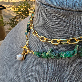 Green Forest Jasper (Rough) 10k Gold Filled Necklace with Spike and Pearl Dangle