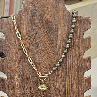 Pyrite(6mm Round) and Half 8mm Pyrite~ Half 18K Gold Filled Necklace with Eye Protection Charme (Necklace Set)