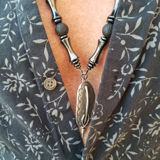 Hematite and Lava Stone Feather Necklace in Sterling Silver