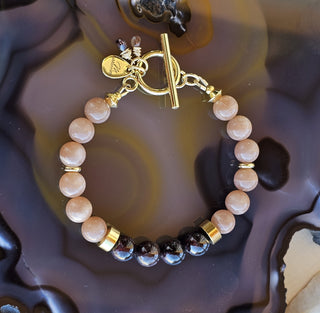 Garnet & Peach Moonstone 18K Gold Filled Toggle Clasp Bracelet with Superb Andalusite Briolette Dangles