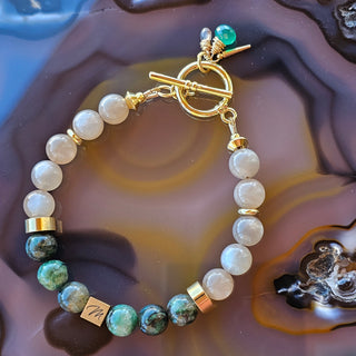 Brazilian Phogopite& Moonstone 18K Gold Filled Log Toggle Clasp Bracelet with Green Onyx&Andalusite Briolettes