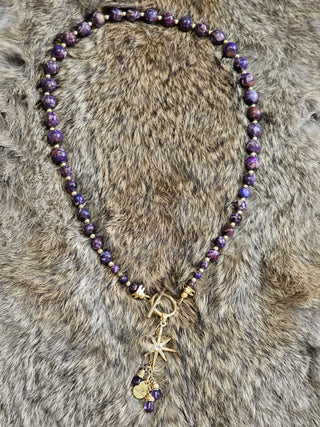 Purple Imperial Jasper 18K Gold Filled Toggle Necklace with Guiding Star Charm and Amethyst Dangles