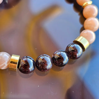 Garnet & Peach Moonstone 18K Gold Filled Toggle Clasp Bracelet with Superb Andalusite Briolette Dangles