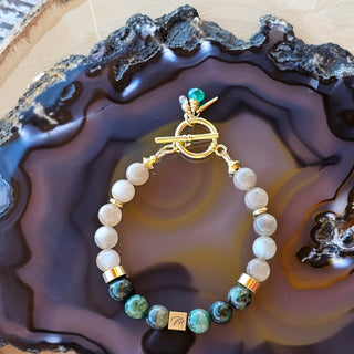 Brazilian Phogopite& Moonstone 18K Gold Filled Log Toggle Clasp Bracelet with Green Onyx&Andalusite Briolettes