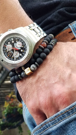 Red Tiger Eye and Black Onyx (8mm) Silver Tripple Bracelet