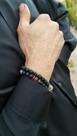 Red Tiger Eye and Black Onyx (8mm) Silver Tripple Bracelet