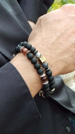 Red Tiger Eye and Black Onyx (8mm) Silver Tripple Bracelet