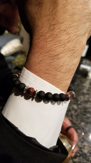 Red Tiger Eye and Black Onyx (8mm) Silver Tripple Bracelet