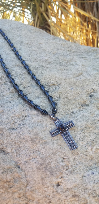 Hematite Necklace with Garnet Sterling Silver Cross [Sold]