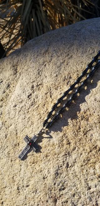 Hematite Necklace with Garnet Sterling Silver Cross [Sold]